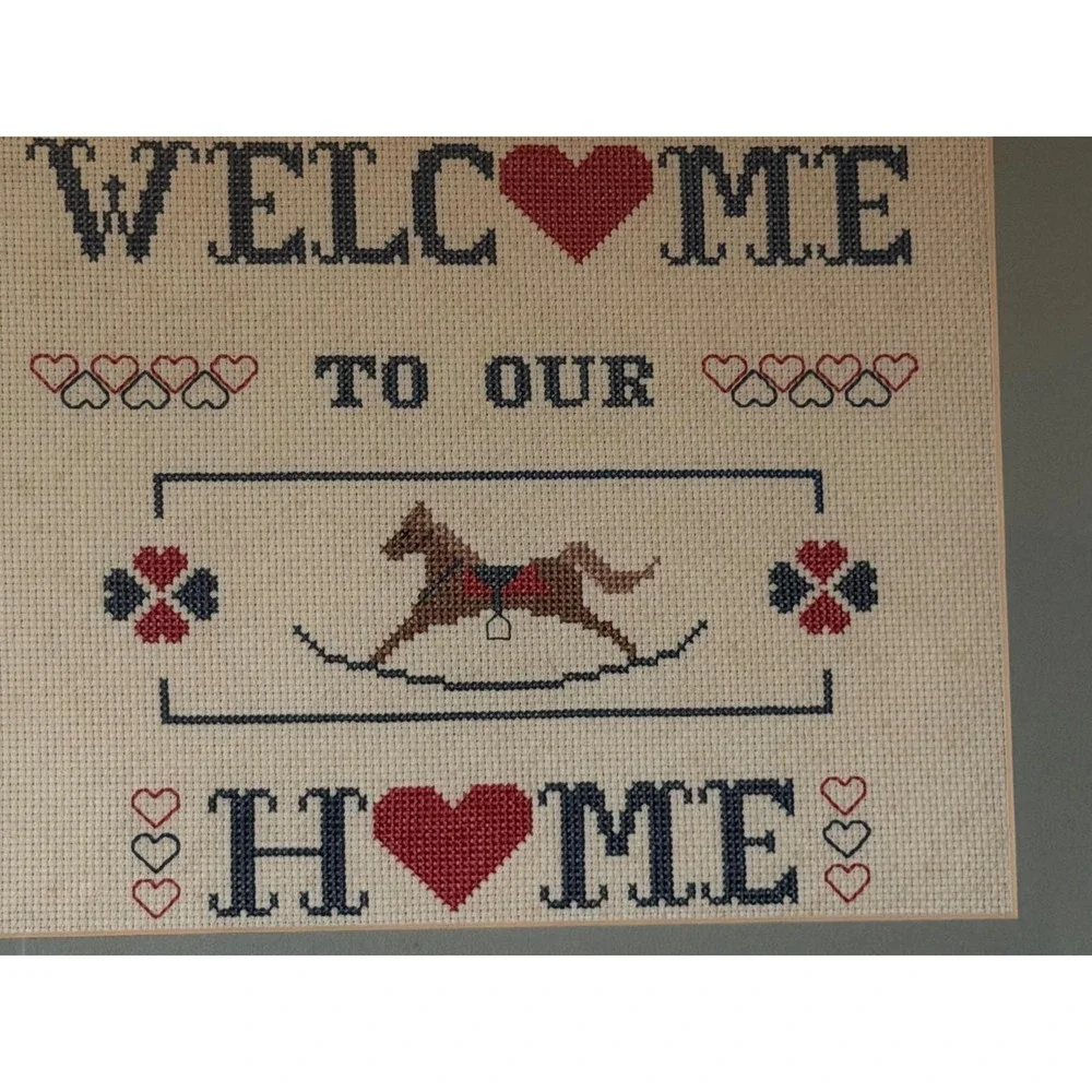 Vintage Framed Cross Stitch Welcome To Our Home Rocking Horse Country Folk Art